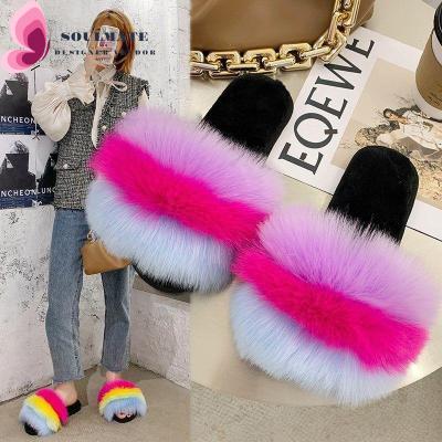 China CUSHIONING in Action Real Fox Fur Feather Fuzzy Slippers Open Toe Fur Sandals Slides Summer Female Hairy Flip Flops Casual Women Spring for sale