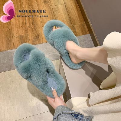 China CUSHIONING Custom Faux Fox Fur Slippers Faux Fur Slide Sandals Women Fashion Pink Fluffy Fur Women's Room Furry Feather Slipper for sale