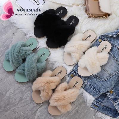 China CUSHIONING in Stock Real Hairy Fall Rabbit Fur Feather Fuzzy Slippers Open Toe Fur Female Flip Flops Casual Women Spring Sandals Slides for sale