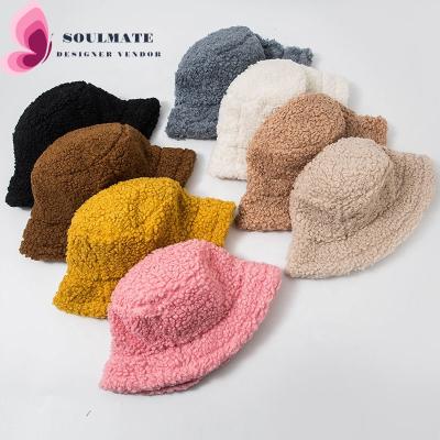 China Vintage 8 Colors Plush Fashion Lambswool Hairy Pure Color Fur Bucket Hat Winter Empty Hat For Women Autumn Winter Fast Shipping for sale