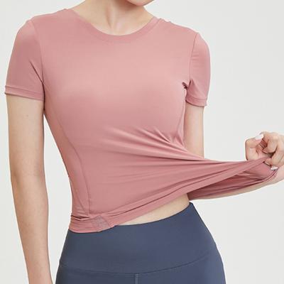 China Breathable Bespoke Women High Quality Jogging Nylon T-Shirt Pink Round Neck Activewear Yoga Tops for sale