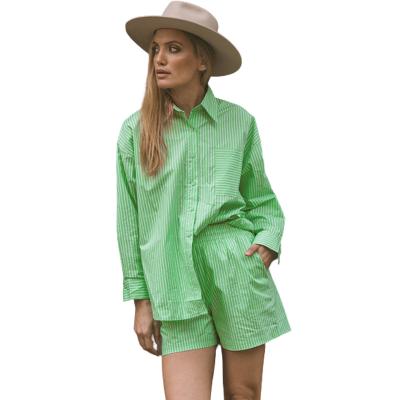 China Women's Breathable Shirts Striped Turn Down Collar Button GreenCasual Long Sleeve Shorts Suits 2 Pcs Sets for sale