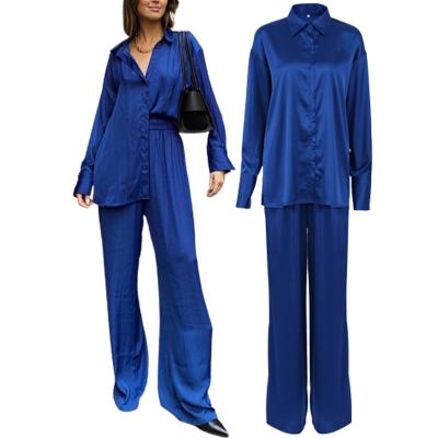 China Dinklein New Breathable Elegant Blue Casual Two Piece Set Women Official Long Shirt And Pants Clothing for sale