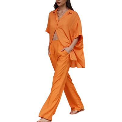 China Women's Holiday Loose Two Piece Natural Cotton Breathable Casual Vintage Orange Home Suits Long Pants Sets for sale