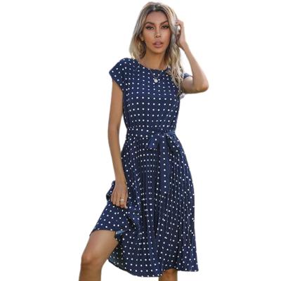 China 2022 Women's Dot Print Chiffon Summer Holiday Home Dress Belt Soft Pleated Casual Clothes Washable for sale