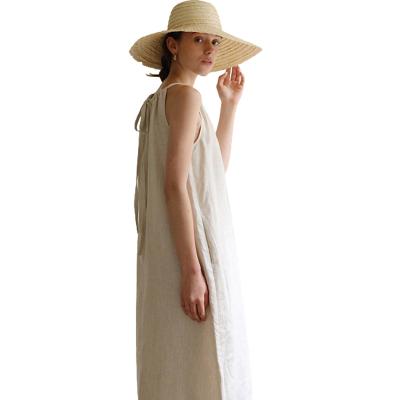 China 100% Anti-Static Canvas Loose Sleeveless Off The Shoulder Halter Neck Natural Women's Long Casual Dress for sale