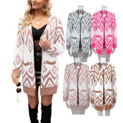 China Geometric Anti-Wrinkle Knit Women Sweater Cardigan Color Block Oversized V-Neckline Fall Open Printed Ladies Knitwear for sale