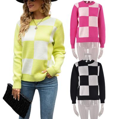 China Anti-Wrinkle Check Color Blocking Round Collar Knit Sweater Women Pullovers Ladies Knitwear for sale