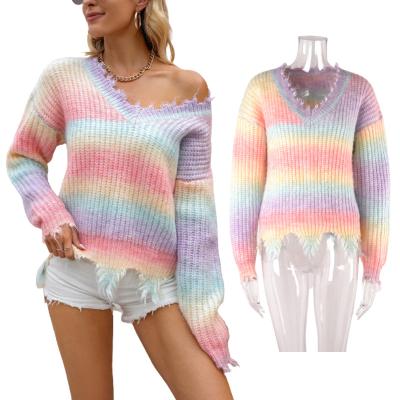 China 2022 Anti-Shrink New Color Block Tie Dye V-Neck Gradient Striped Knitted Pullovers Sweater For Women Knitwear for sale