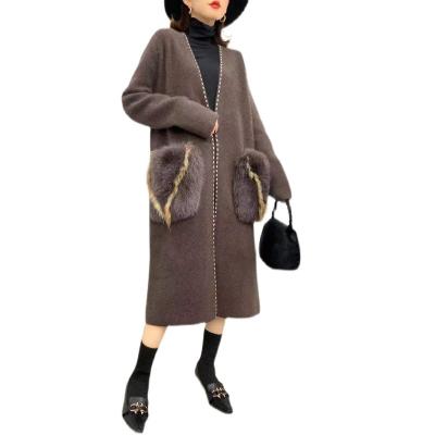 China New Autumn Winter Breathable Mink Cashmere Coat For Women With Fox Fur Pocket Jacket Long Knitted Cardigan Sweater Dropshipping Overcoat for sale