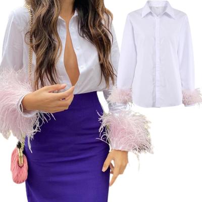 China Anti-pilling 2022 Office Lady Long Sleeve Slim White Superior Blouse With Ostrich Hair Fur Women's Shirt Clothing for sale