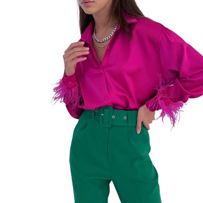 China New Women Anti-pilling Ice Silk Satin Turn Down Collar Long Sleeve Ostrich Fur Feather Cuff Shirts Blouse for sale