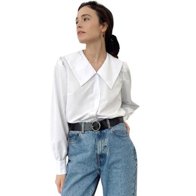 China New Breathable Sailor Collar Long Sleeve Off White Shirts Large Decline Small Collar Blouse Button Tops for sale