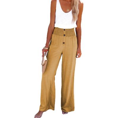 China Women's Breathable Natural Canvas Cotton Wide Leg Pants Button Elastic Waist Loosen Casual Long Pants for sale