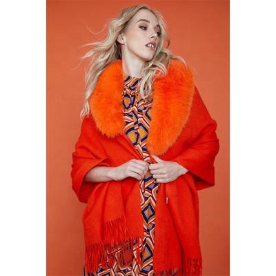 China New Arrivals Fashionable Shawl Cashmere Blend Wrap With Faux Fur Collar And Tassels Customize Fashion Luxury Wrap For Women for sale