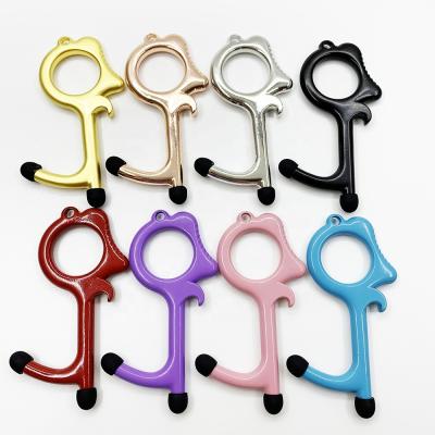 China Retail Ready to Ship Multi Function Hand Tool with Dual Reusable Stylus Tricks Key Holder No Touch Door Opener Key Chains for sale