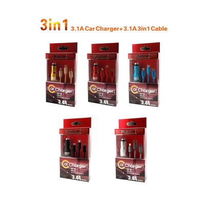 China Phone Charging Good Quality New Design Portable Universal Car Charger Fast Charging 3in1 Cable Dual Usb for sale