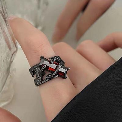 China Durable Red Female Design Ring Retro Personality Punk Darkness Hollowed Out Texture Index Finger Ring Sense Upper Ring for sale