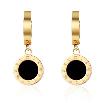 China 2 Sizes Stainless Steel Enamel And Earring High Quality Romantic Women's Jewelry Gold Color Shell Roman Numeral Drop Earrings For for sale