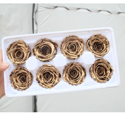 China 2021 hot sale preserved gold rose metallic gold preserved rose color 24k gold preserved roses head for sale