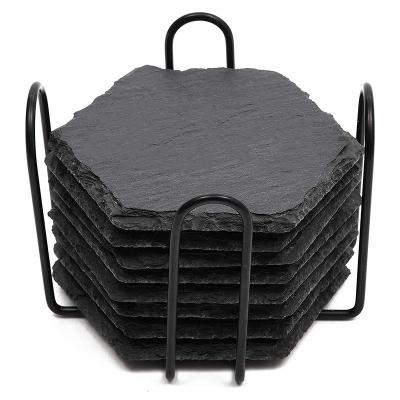 China Wholesale 10x10cm Slate Stone Coaster 6-8 Viable Wholesale Small Square Hexagon Jiangxi Jiujiang Black Round Black Sets for sale