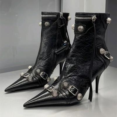 China Fashion Trend Women New Thin High Heel Metal Buckle Chain Luxury Shoes Shape Comfortable Pointed Toe Ankle Boots Stiletto Party Short Boots for sale