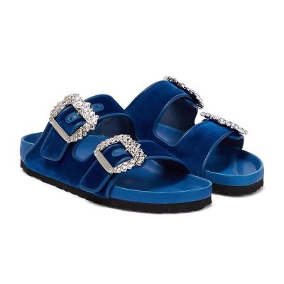 China Summer New Crystal Sandals Women Luxury Brand Designer Velvet Slippers Rhinestone Square Buckle Slippers Female Peep Toe Outdoor Flats Shoes for sale