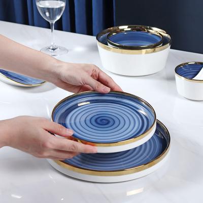 China Sustainable Hot Selling Ceramic Dining Tableware Dish Set Porcelain Dinner Set With Gold Rim for sale