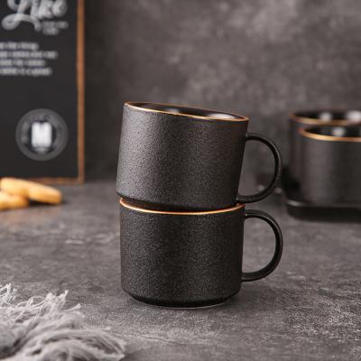 China Viable The Latest Design Leaf Pattern Luxury Black 220ml Porcelain Coffee Tea Cups With Gold Rim for sale