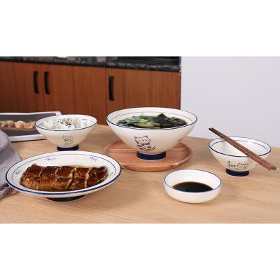 China New Arrival Japanese Style Disposable Restaurant Used Ceramic Tableware Rice Ramen Soup Bowl With Cat Design for sale