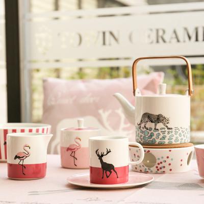 China Viable wholesale custom decal printed European animal pattern style afternoon china tea set with base for sale