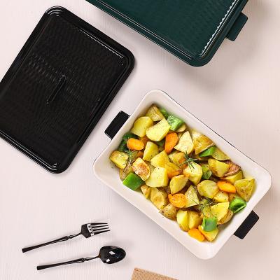 China Sustainable High Quality Baking Dish Porcelain Rectangle Baking Dish Set With Cover Ceramic Baking Pan Tray With Handles for sale