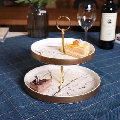 China OEM 2 Tiers Stand Viable Marble Cake Stand Ceramic Snack Dessert Cake Plate With Gold Edge for sale