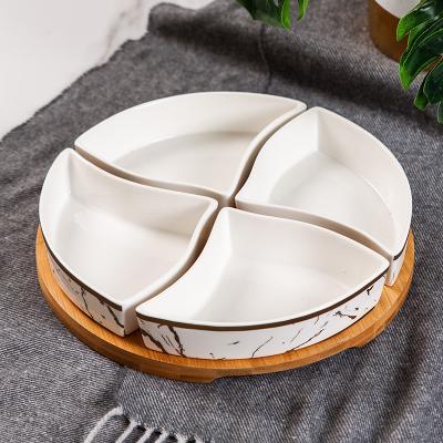 China Sustainable Wholesale Hotel Used Marbling Ceramic Tapas Snack Serving Bowl With Bamboo Tray For Banquet for sale