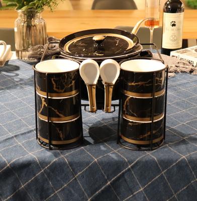 China Viable Direct Arabic Soup Bowl Black Marble Ceramic Soup Pot Set With Iron Stand for sale