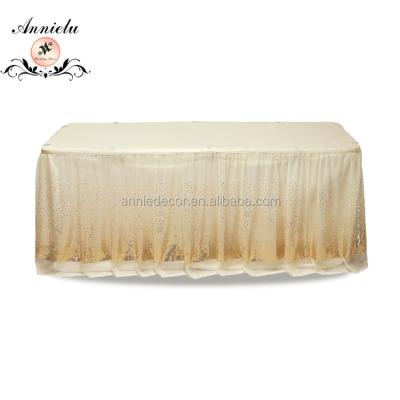 China High quality reusable champagne organza sequin embroidery wedding table skirt for sale