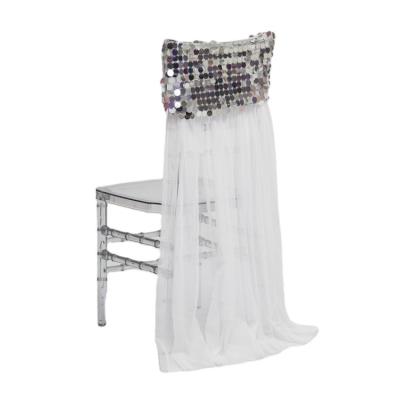 China Wholesale Simple Elegant Sparkling Silver 18MM Sequin Chair Cover With Tutu Skirt For Wedding Party Decoration for sale