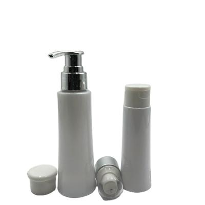 China Unique 60ML 110ML PET Cosmetic White Skin Care Bottle Beard Hairspray Lotion Plastic Bottle With Electroplate Silver Pump for sale