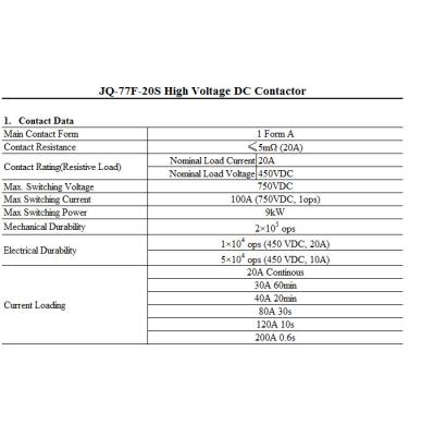 China JQ-77F-20S DC Contactor Relay 20A 450VDC 9kW 750VDC 100A New Energy Hybrid Electric Battery Electric Vehicle High Voltage Car JQ-77F-20S for sale