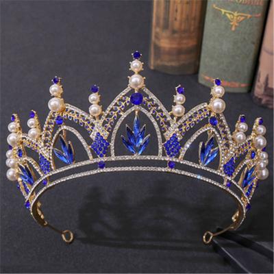 China Lady Luxury Elegant Fashionable Headwear Jewelry Blue Diamond Bride Crown Red Rhinestone Wedding For Women for sale