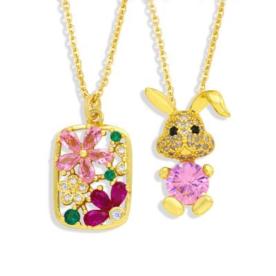 China Fashion Simple Colorful Zircon Diamond Flower Necklace Bunny Rabbit Pendant Necklace for sale