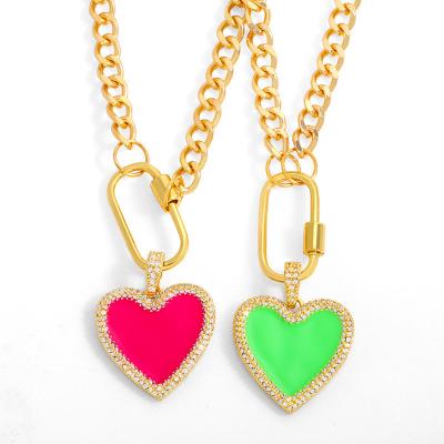 China Fashion Oil Drop Thick Chain Colorful Heart Pendant Cuban Chain Necklace for sale