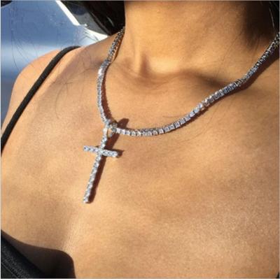 China Punk Jewelry Diamond Tennis Chain Cross Necklace Crystal Necklace Women Hip Hop Bling Bling Style for sale