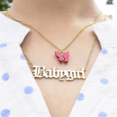 China Fashion 2pcs/set Fashion Gold Plated Stainless Steel Necklace Colorful Butterfly Babygirl Pendant Necklace Set for sale