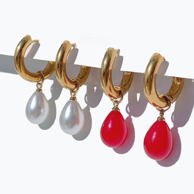 China Trendy 18k Gold Plated Stainless Steel Freshwater Pearl Drop Pearl Circle Earring Jewelry 2021 Wholesale for sale