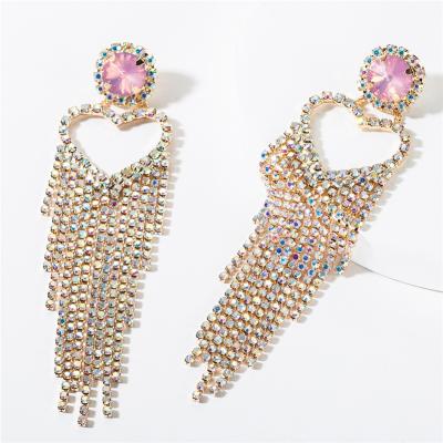 China Fashionable Bridal Wedding Jewelry Full Tassel Crystal Rhinestone Long Drop Heart Earrings Boho Earring Jewelry for sale