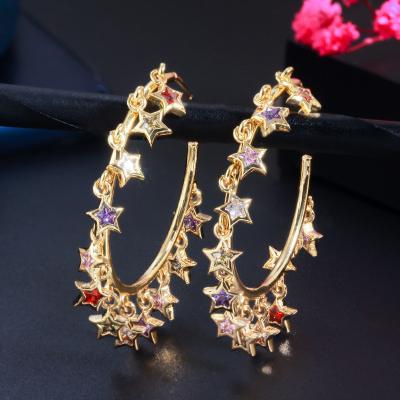 China 2021 Cute Big Round Boho CZ Circle Dangle Tassel Drop Gold Circle Earrings for sale