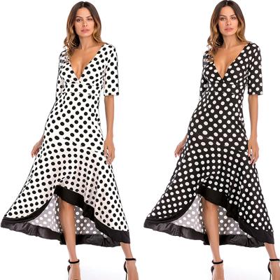 China Anti-Wrinkle Wave - Irregular V-Neck Dress Medium Sleeve Dot Neckline With Backless for sale