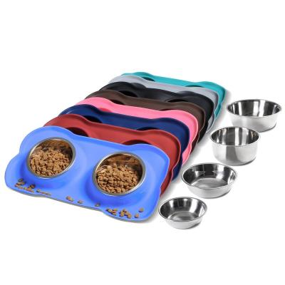 China Sustainable Wholesale Pet Dog Bowls 2 Stainless Steel Dog Bowl with Non-slip Silicone Mat Pet Food Scoop Water and Food Feeder Bowls for sale