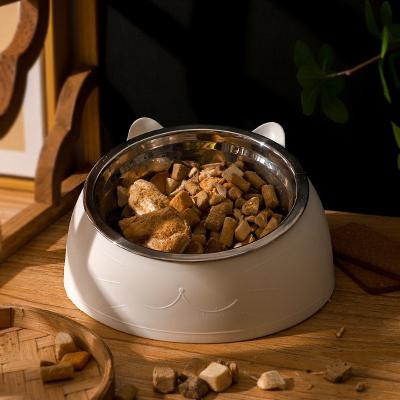 China Sustainable stainless steel metal pet bowl feeders 15 degree 200ml 400ml 800ml cartoon kitten plastic water food bowls for sale